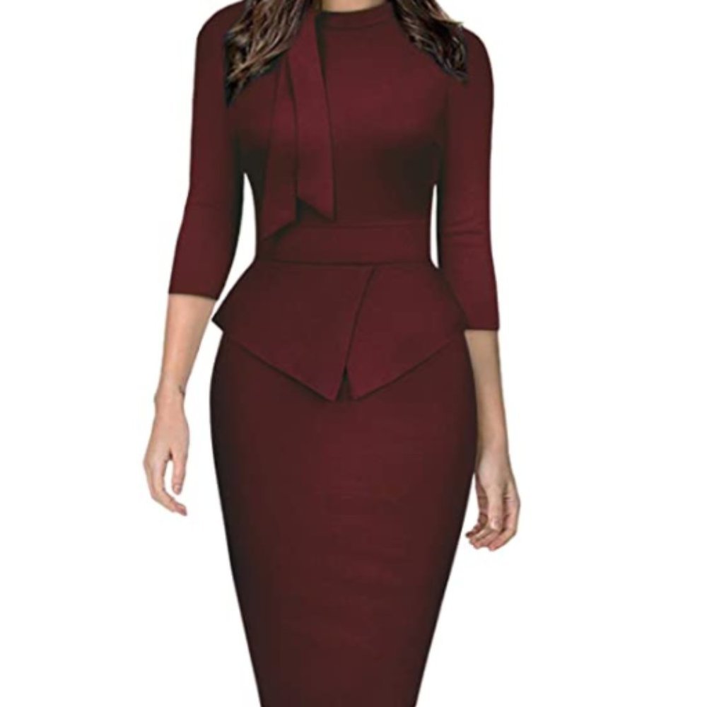Moyabo Tie Neck Vintage Bodycon Peplum Pencil Dress